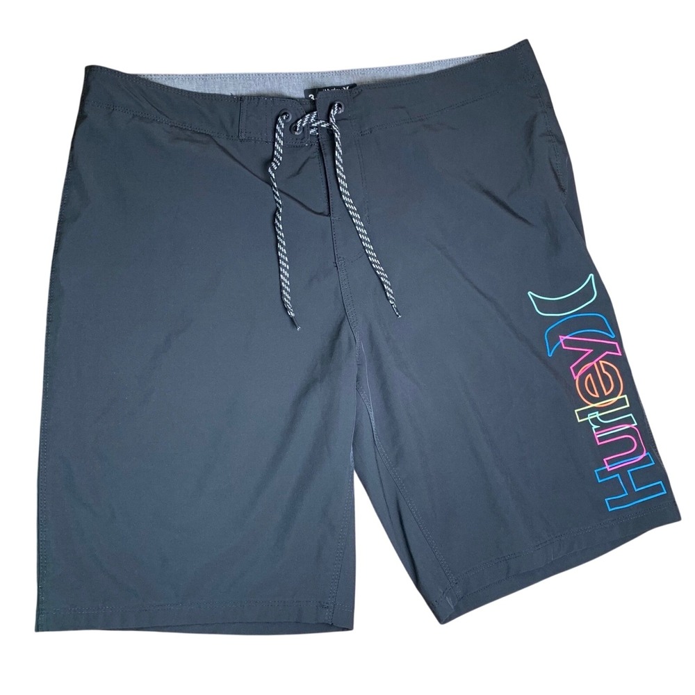 Hurley Mens Board Shorts Size 34‎ Black Rainbow Gradient Logo Swim Trunks